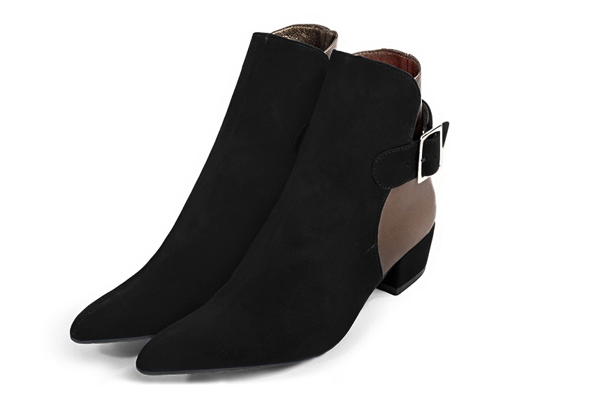 Matt black and bronze gold women's booties, with buckles at the back. Tapered toe. Low cone heels - Florence KOOIJMAN